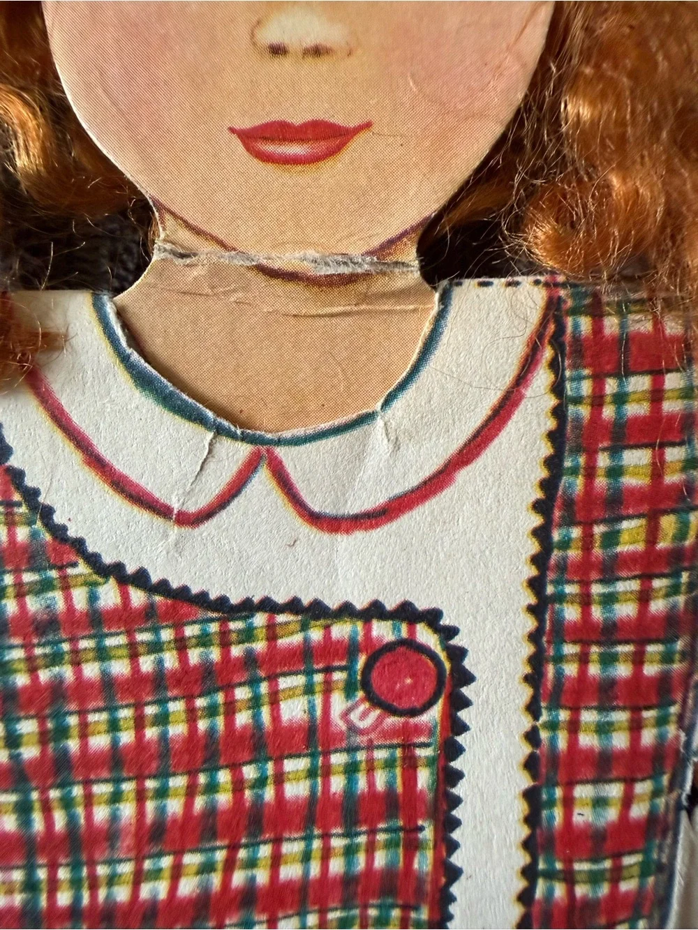 Vintage Paper Doll with Red Plaid Dress and Interchangeable Outfits and Hair